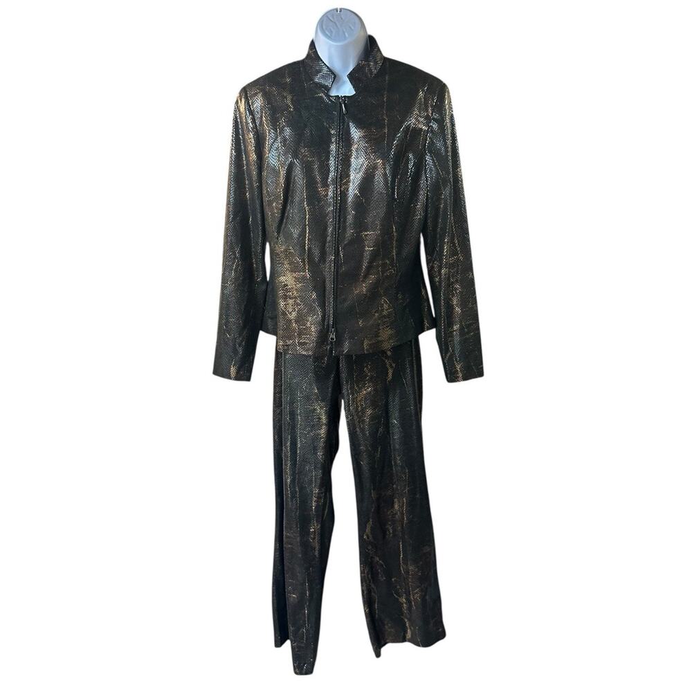 Vintage Cache Polytricot Brushed Foil Print Pant & Jacket Set Metallic Y2K Sz 12
